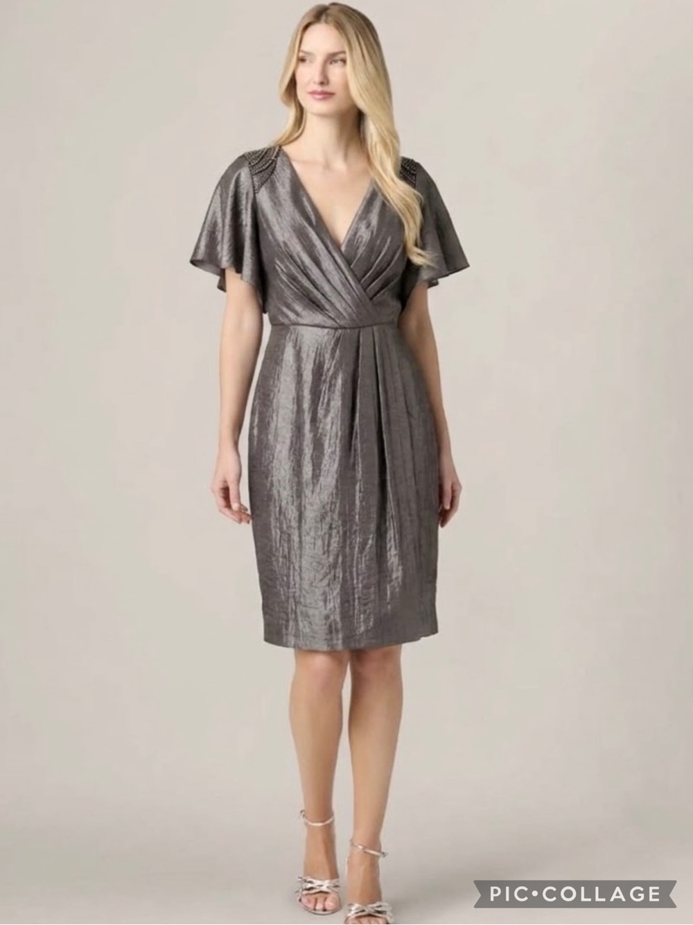 Adrianna Papell Dress Beaded Gunmetal Gray Flutter Sleeves Shimmer 6 NWT Party